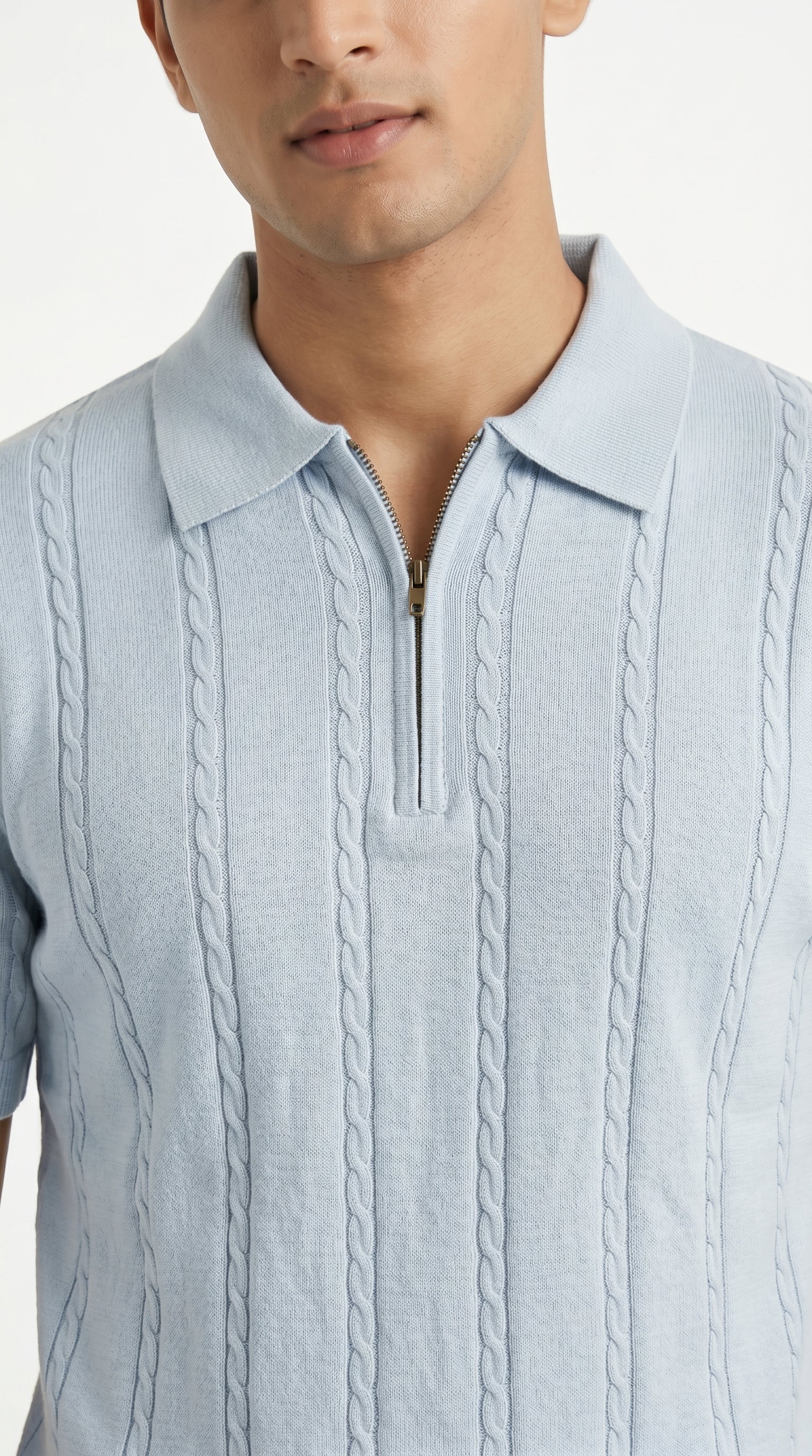 Men's Cable Knit Half-Zip Polo T-Shirt | Slim Fit | Half Sleeve | Textured Self-Design Knitwear |