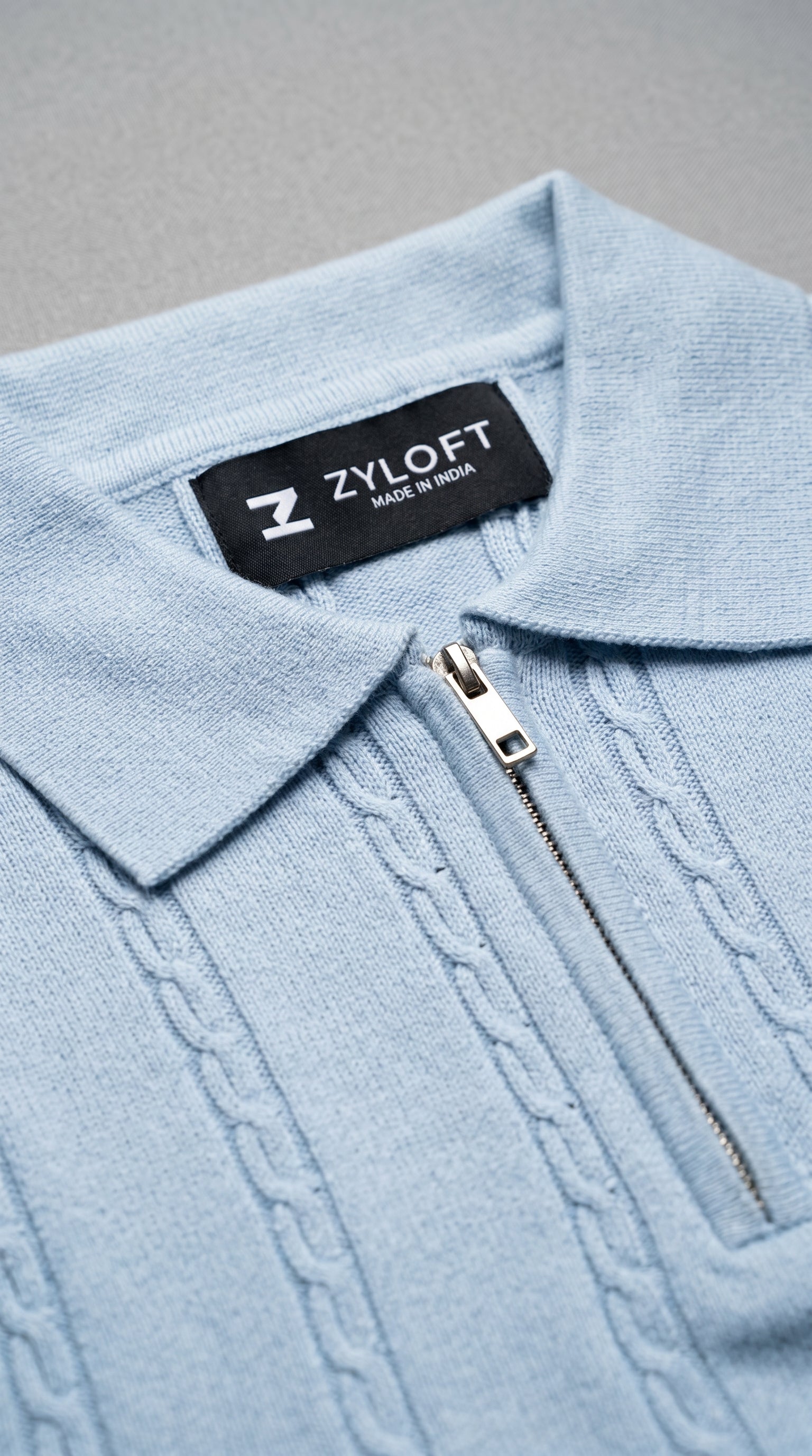 Men's Cable Knit Half-Zip Polo T-Shirt | Slim Fit | Half Sleeve | Textured Self-Design Knitwear |