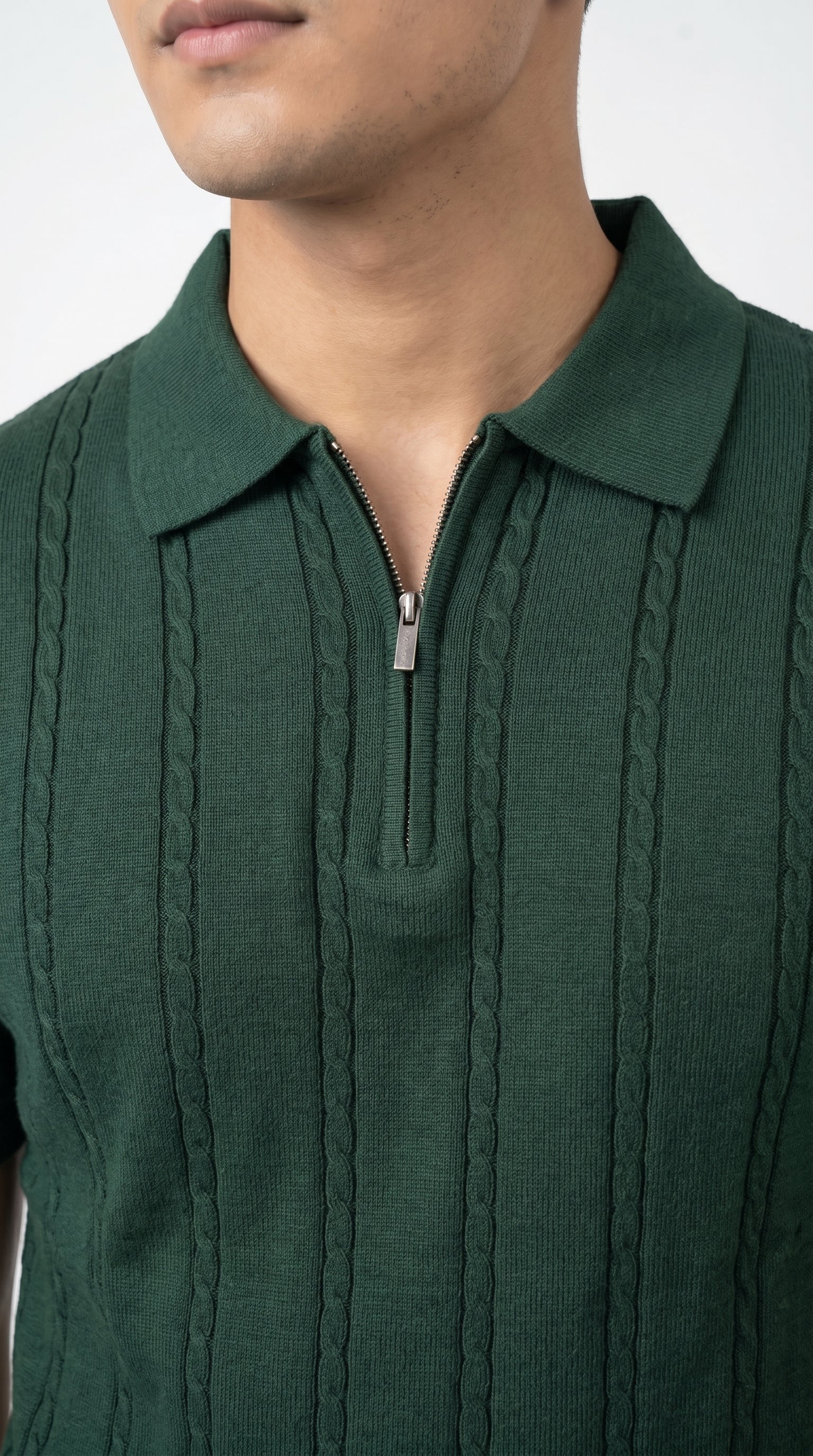 Men's Cable Knit Half-Zip Polo T-Shirt | Slim Fit | Half Sleeve | Textured Self-Design Knitwear |