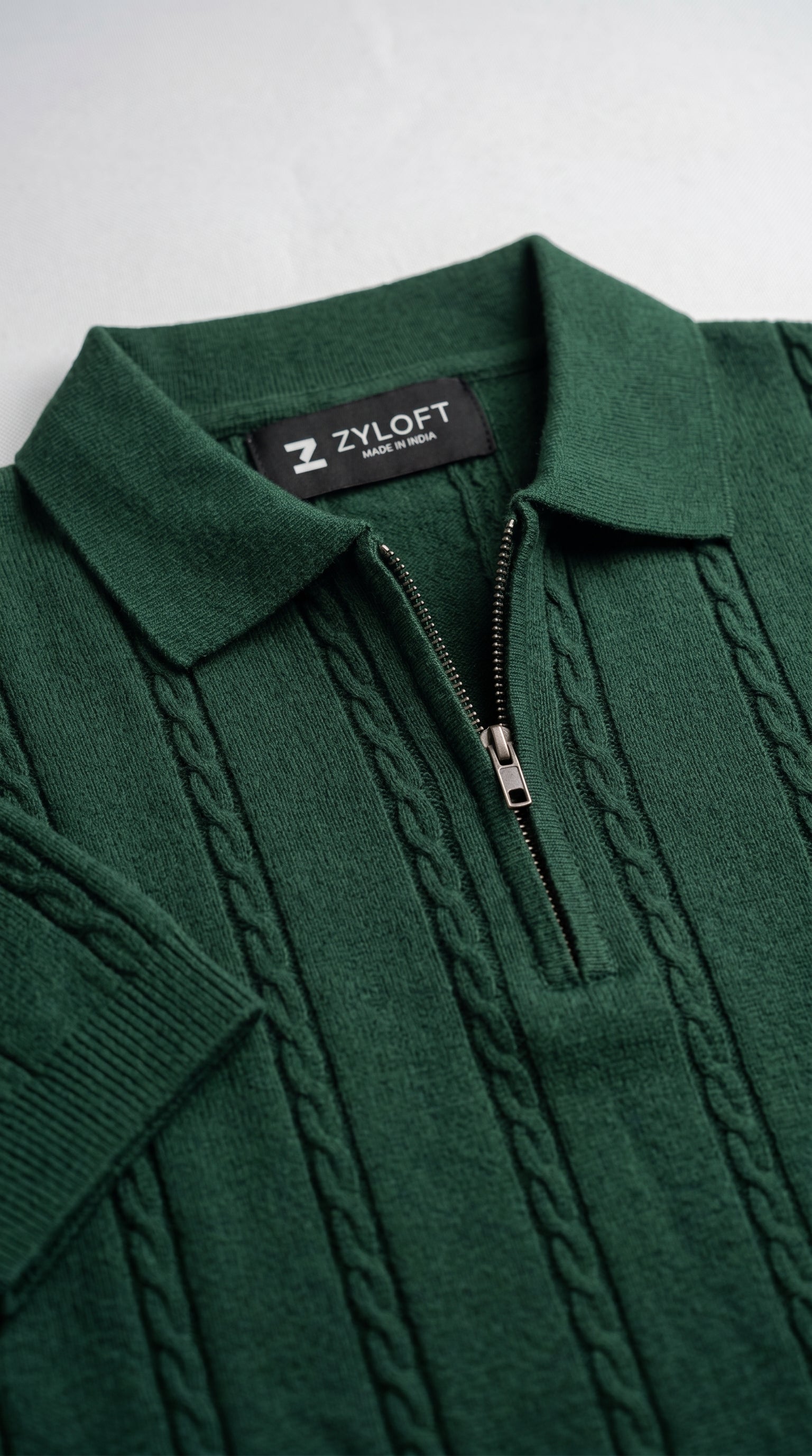 Men's Cable Knit Half-Zip Polo T-Shirt | Slim Fit | Half Sleeve | Textured Self-Design Knitwear |