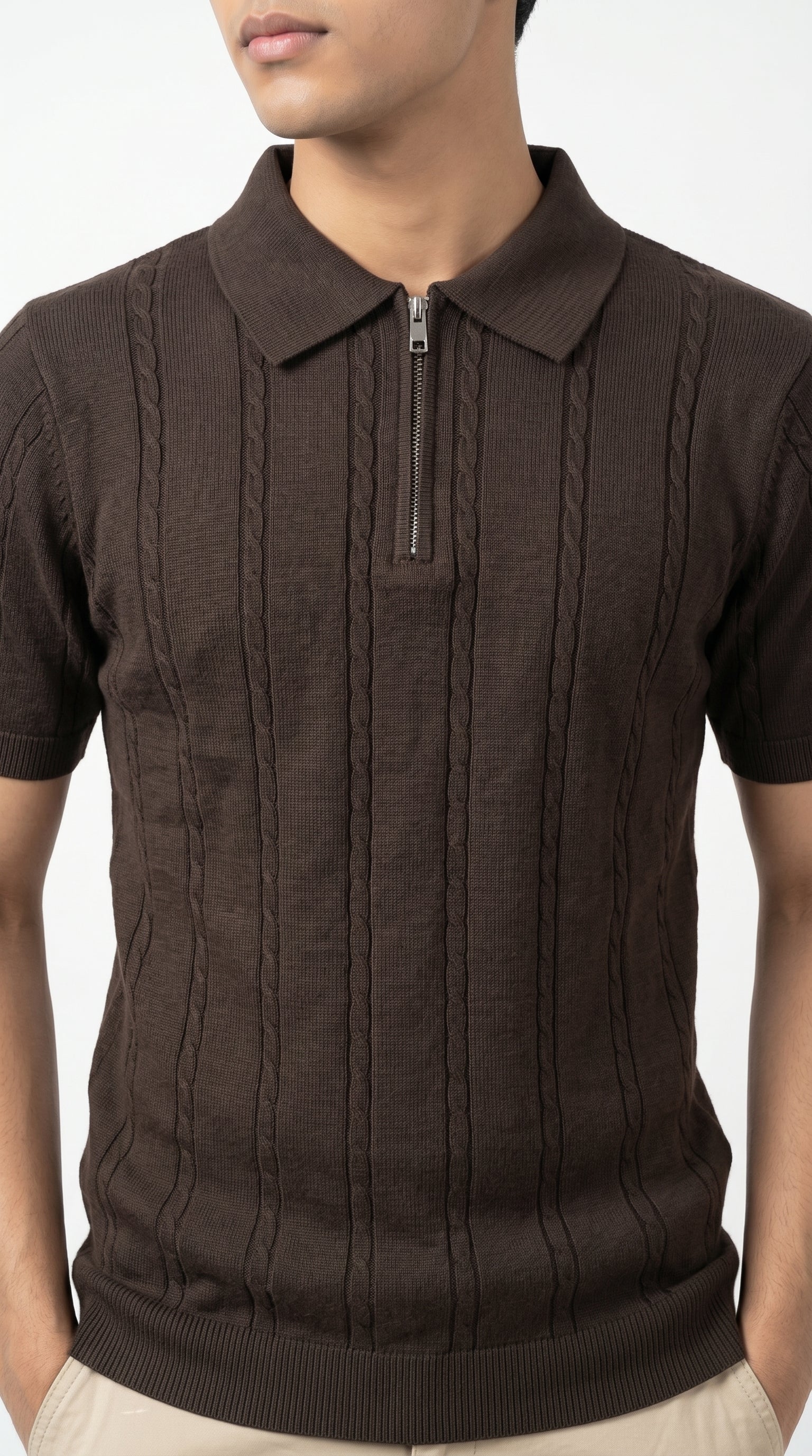 Men's Cable Knit Half-Zip Polo T-Shirt | Slim Fit | Half Sleeve | Textured Self-Design Knitwear |