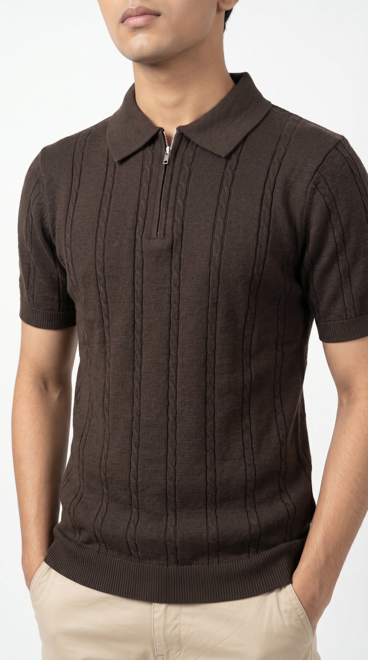 Men's Cable Knit Half-Zip Polo T-Shirt | Slim Fit | Half Sleeve | Textured Self-Design Knitwear |