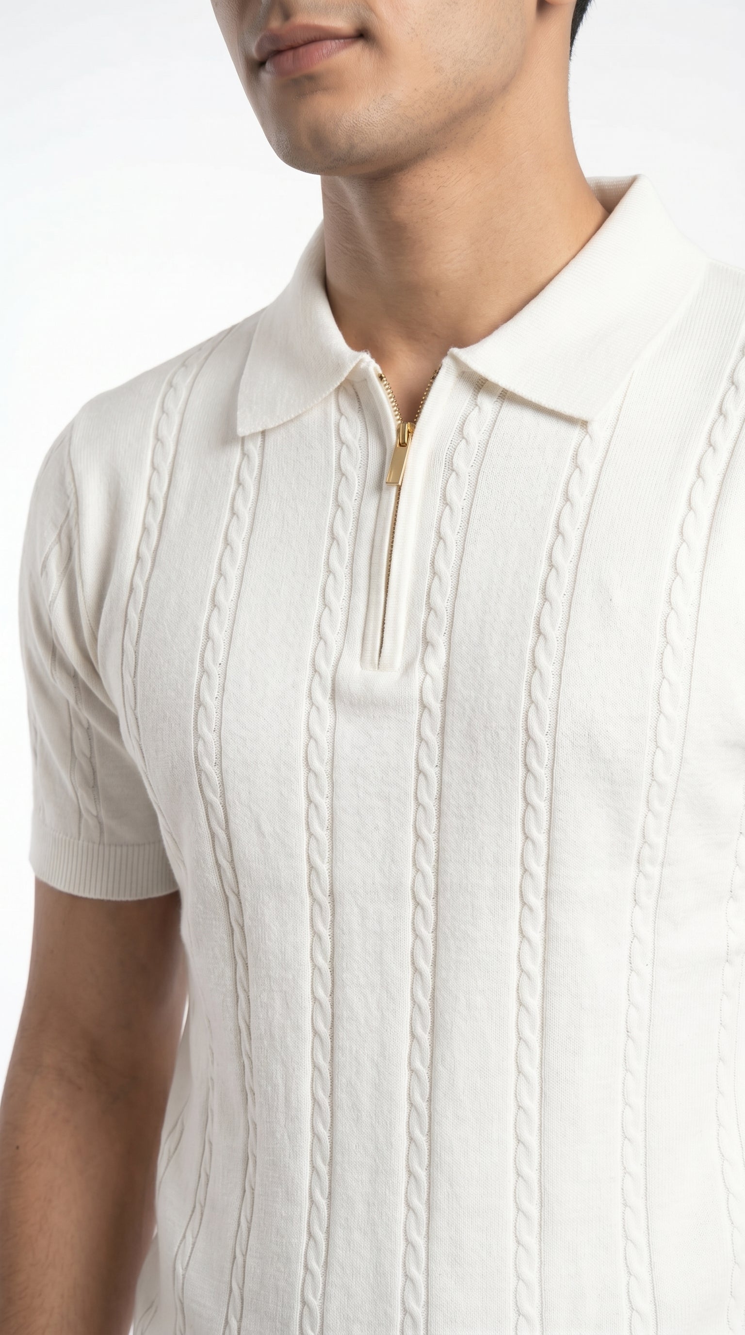 Men's Cable Knit Half-Zip Polo T-Shirt | Slim Fit | Half Sleeve | Textured Self-Design Knitwear |
