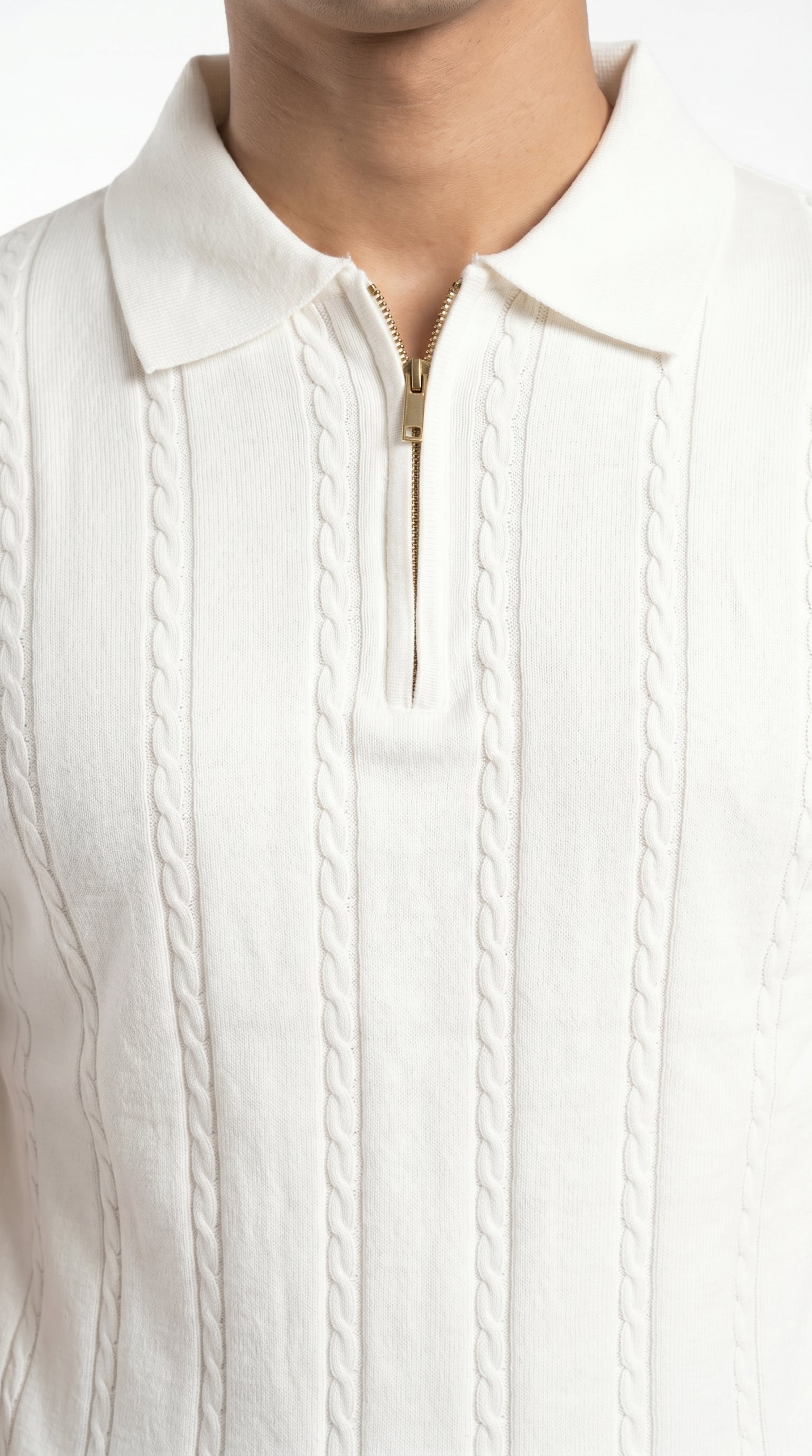 Men's Cable Knit Half-Zip Polo T-Shirt | Slim Fit | Half Sleeve | Textured Self-Design Knitwear |
