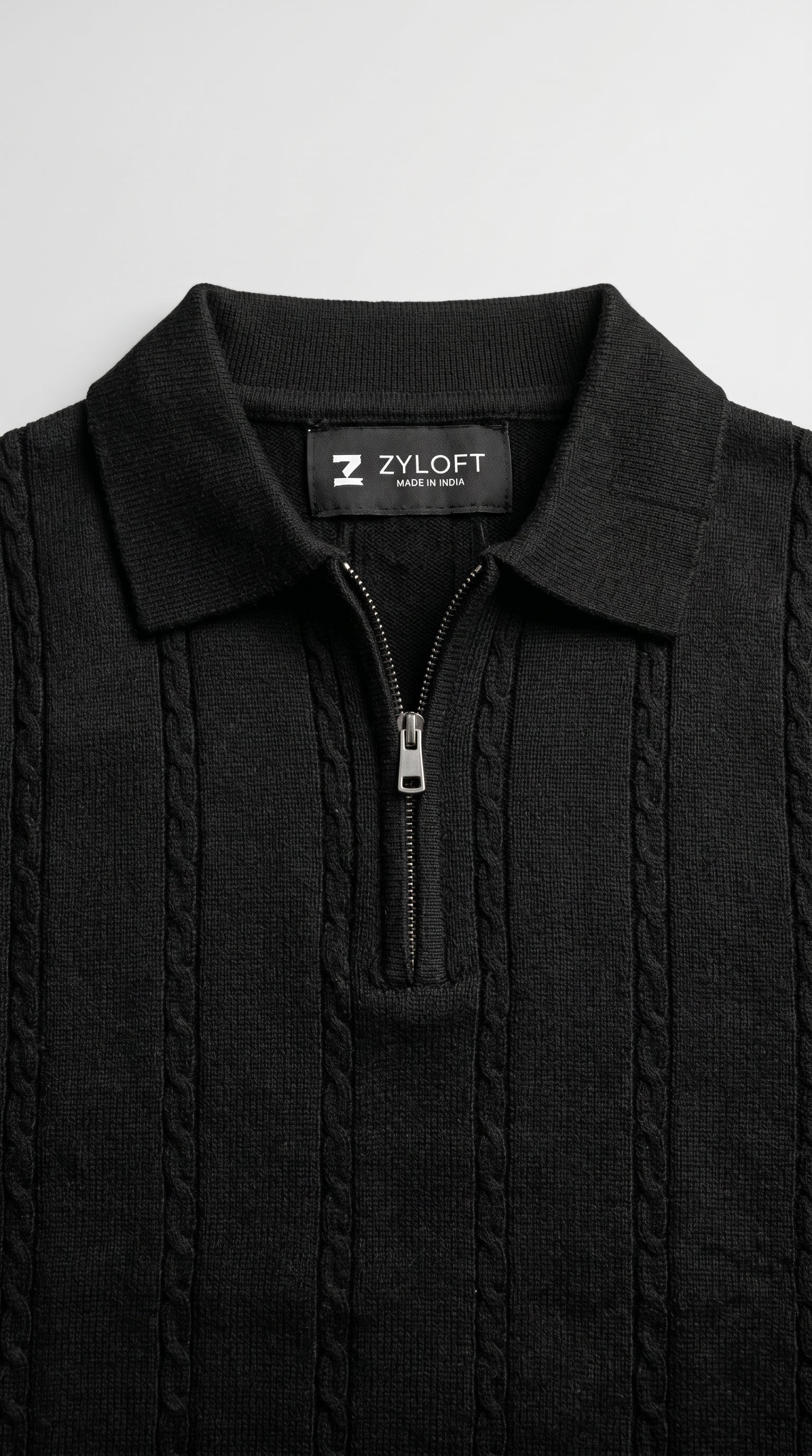 Men's Cable Knit Half-Zip Polo T-Shirt | Slim Fit | Half Sleeve | Textured Self-Design Knitwear |