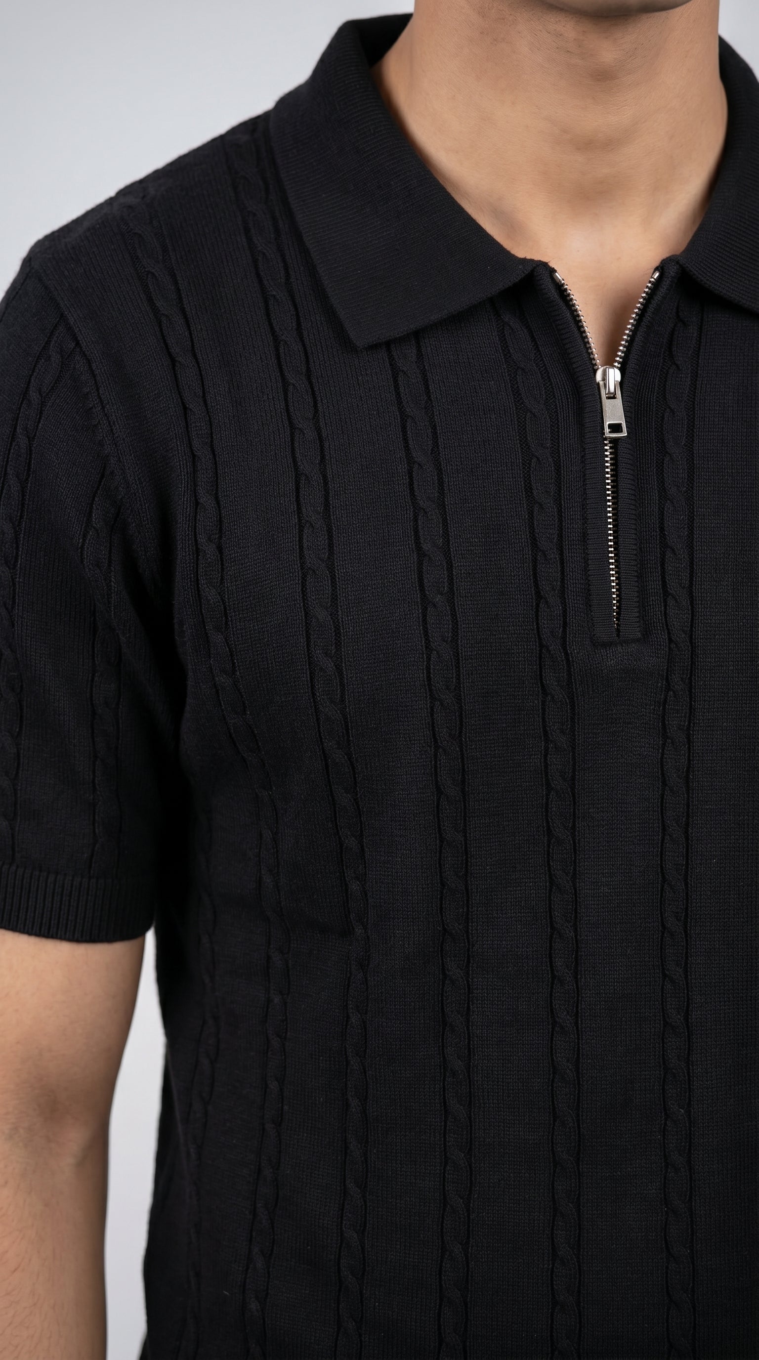 Men's Cable Knit Half-Zip Polo T-Shirt | Slim Fit | Half Sleeve | Textured Self-Design Knitwear |