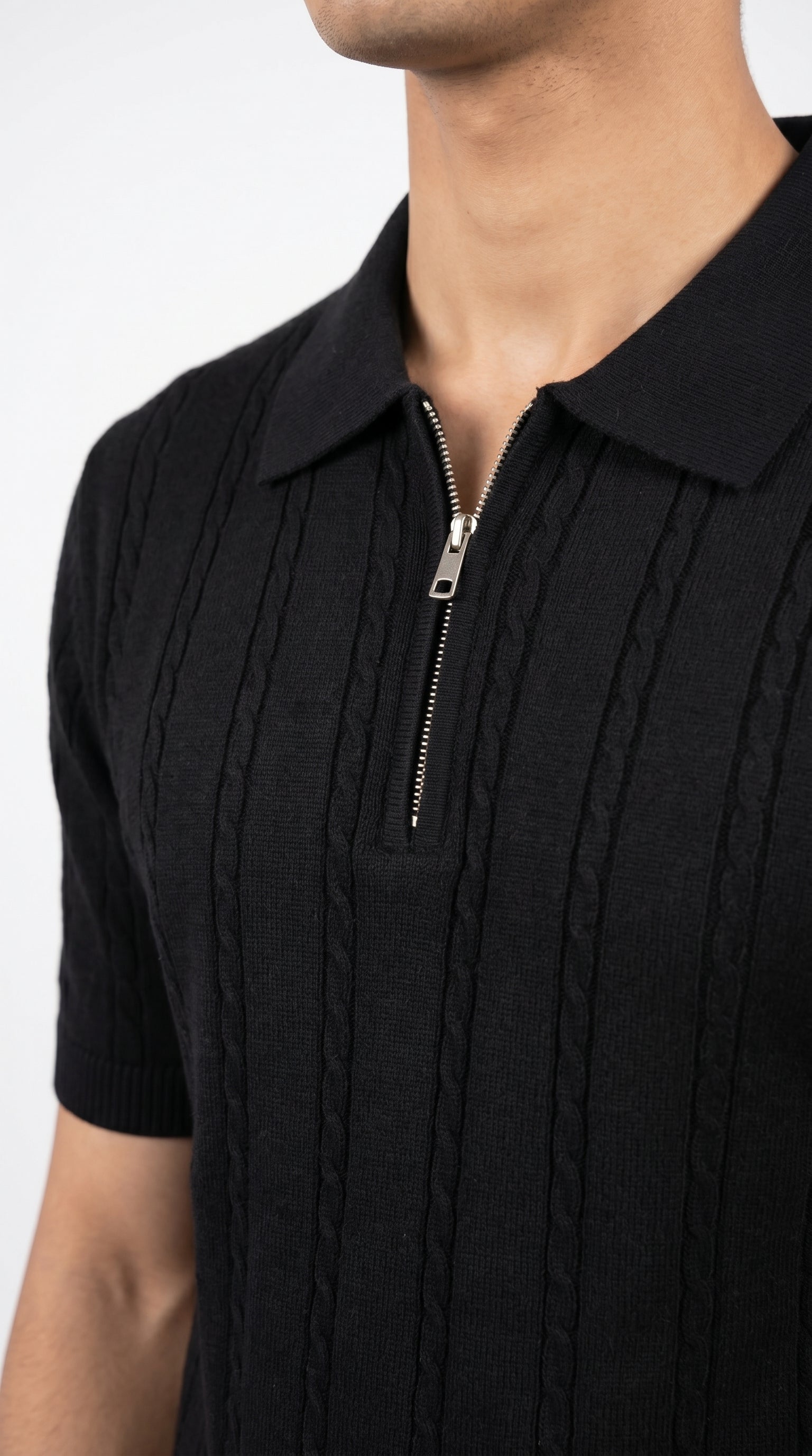 Men's Cable Knit Half-Zip Polo T-Shirt | Slim Fit | Half Sleeve | Textured Self-Design Knitwear |
